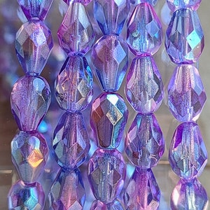 25 Premium Fire Polished Czech Glass Beads,10x7mm Czech AB Teardrops Faceted Bead, Blue Purple Transparent Glass Beads, Jewelry making beads