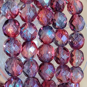 30 Premium Purple Fire Polished Czech Glass Beads, 8mm Czech AB Round Faceted Bead, Transparent Glass Beads, Jewelry making beads