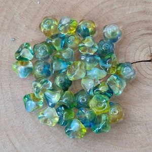 20/50 Bell Flower Czech Glass Beads, 6x8mm Green Yellow Blue bead cap, Pressed flower beads, Transparent beads, Jewelry making beads image 5