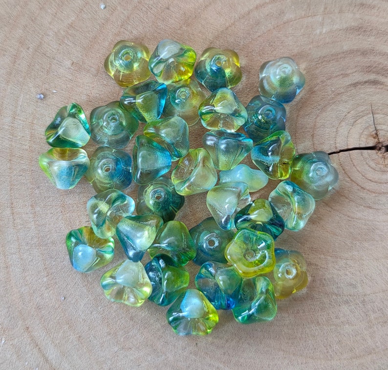 20/50 Bell Flower Czech Glass Beads, 6x8mm Green Yellow Blue bead cap, Pressed flower beads, Transparent beads, Jewelry making beads image 5