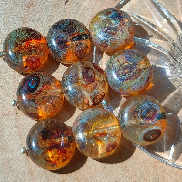 15/40 Czech Glass Coin Beads, 10 mm Picasso Topaz Glass Beads, Transparent Pressed Czech Glass Beads, Bohemian beads, Jewelry making beads