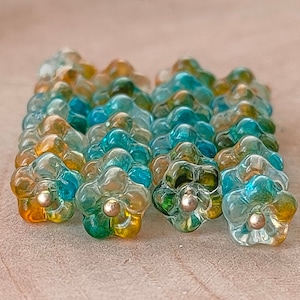 40/60 Bell Flower Czech Glass Beads, 4x6mm Green Orange Clear bead cap, Pressed flower beads, Transparent beads, Jewelry making beads