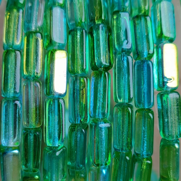 20/50 Premium rectangle Czech glass beads, AB Czech glass green beads, jewelry making beads 9x4mm, pressed glass beads, Rainbow bead