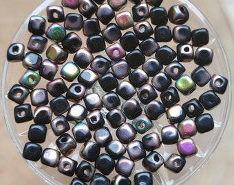 60 Black Purple Czech Glass Cube Beads, 3.5mm Metallic AB