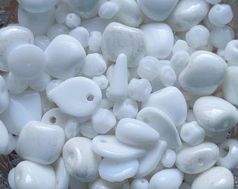 Czech Glass Bead Mix, Opaque White Beads, Jewelry Making (3-25mm)