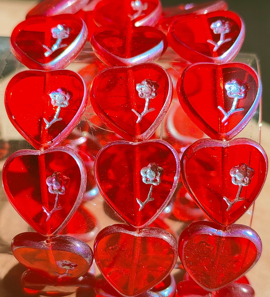 10 Premium Czech Glass Heart Beads, 16x17mm Transparent Red Heart Beads