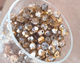 Czech Glass Fire Polished Round Beads 4mm Gold Topaz AB Luster (50/100pcs)
