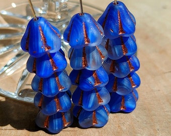 Czech Glass Bell Flower Beads, Blue Bronze Inlays (6x8mm)