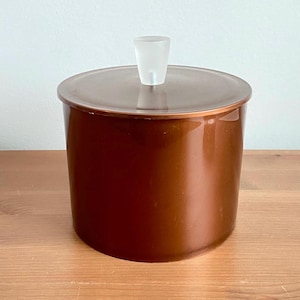 vintage copper coloured plastic container with lid - 6” t x 5” w - mcm designed container - retro collectable