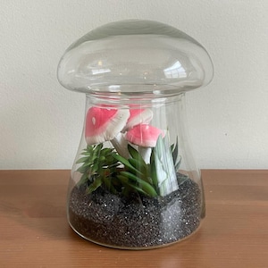 Vintage Glass Mushroom Container with Faux Plant Decor