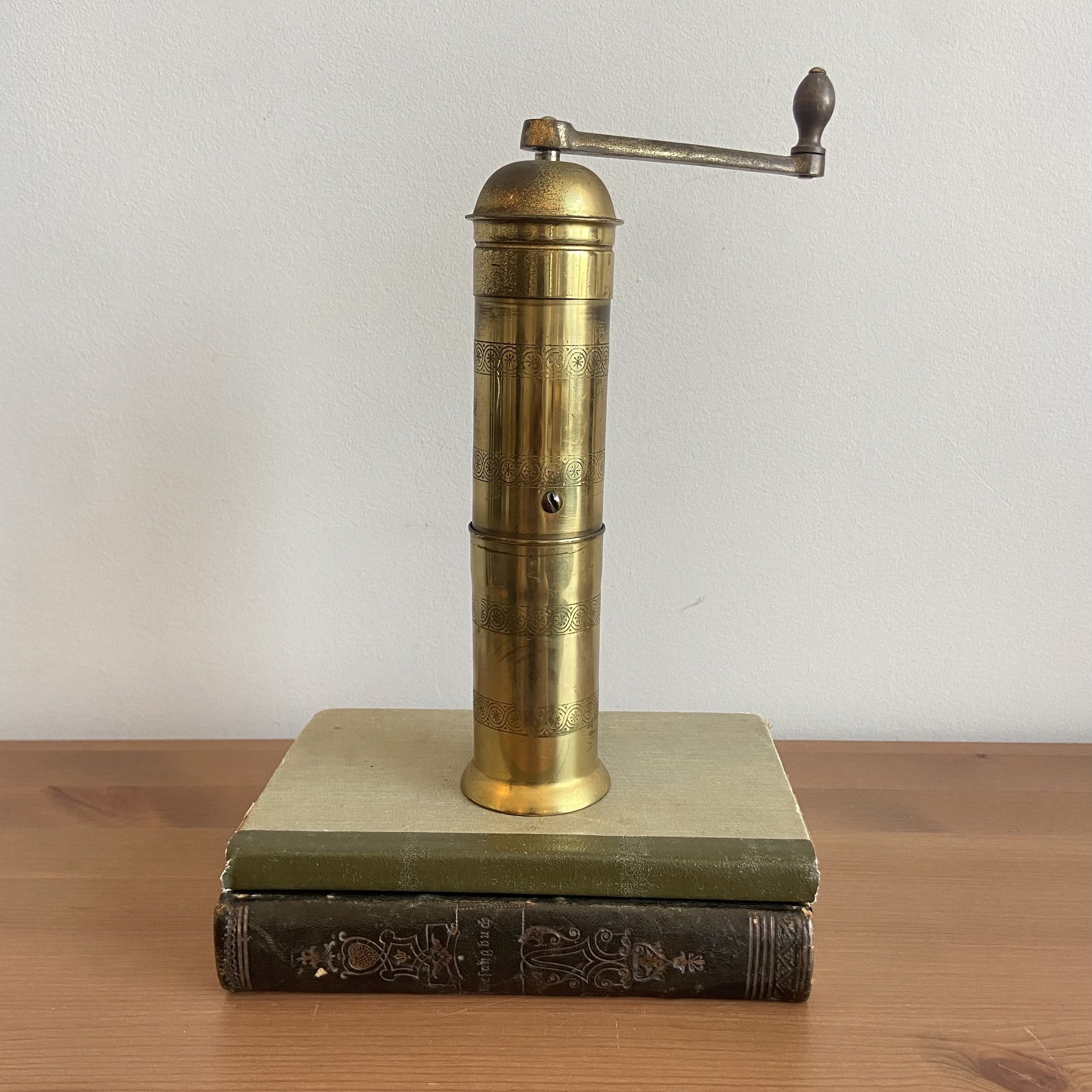 Vintage brass coffee mill grinder - 9” tall - has rust on the inside - mainly for looks - mcm
