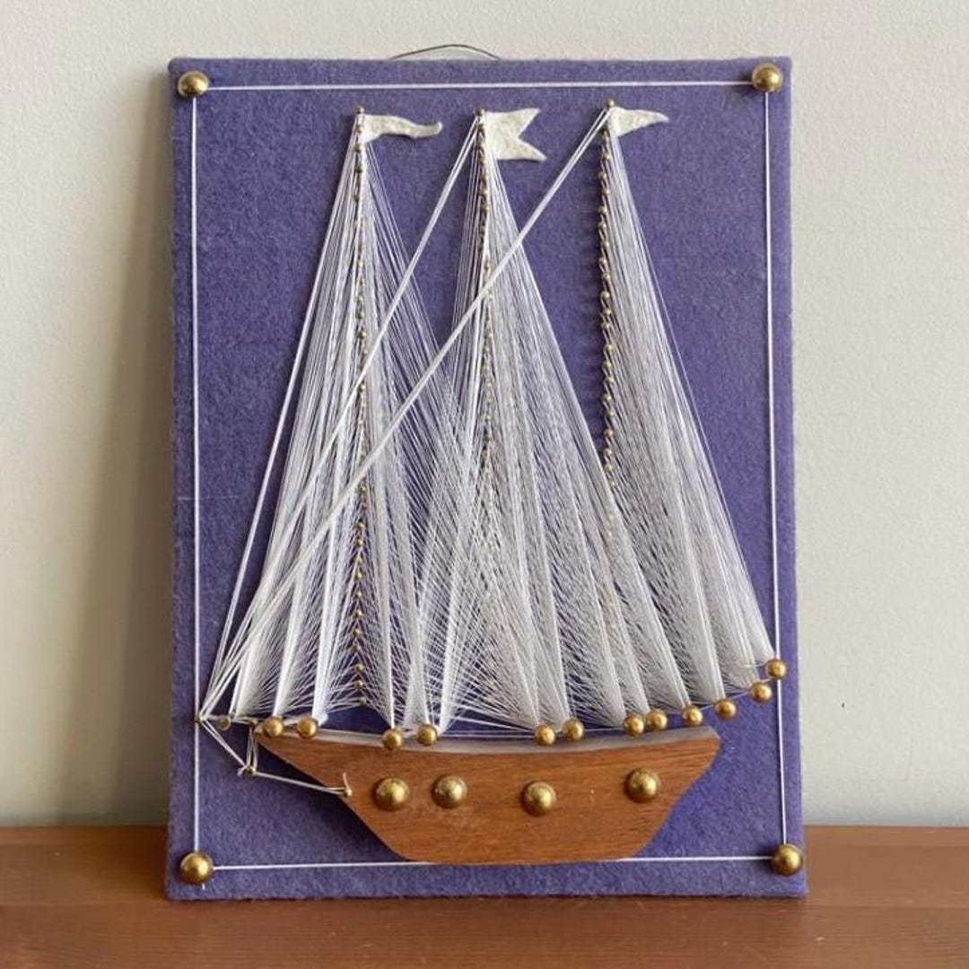Vintage 1970s Ship String Art - 12” X 9” - Retro Wall Hanging String ...
