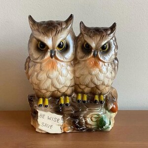 Vintage ceramic owl piggy bank “be wise save” - retro owls on a log