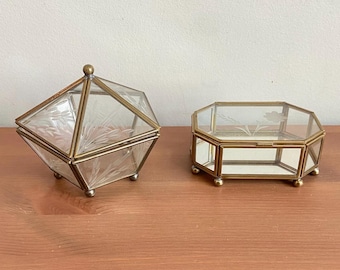 Vintage brass and glass trinket jewelry boxes - individually priced - retro catch alls with lids