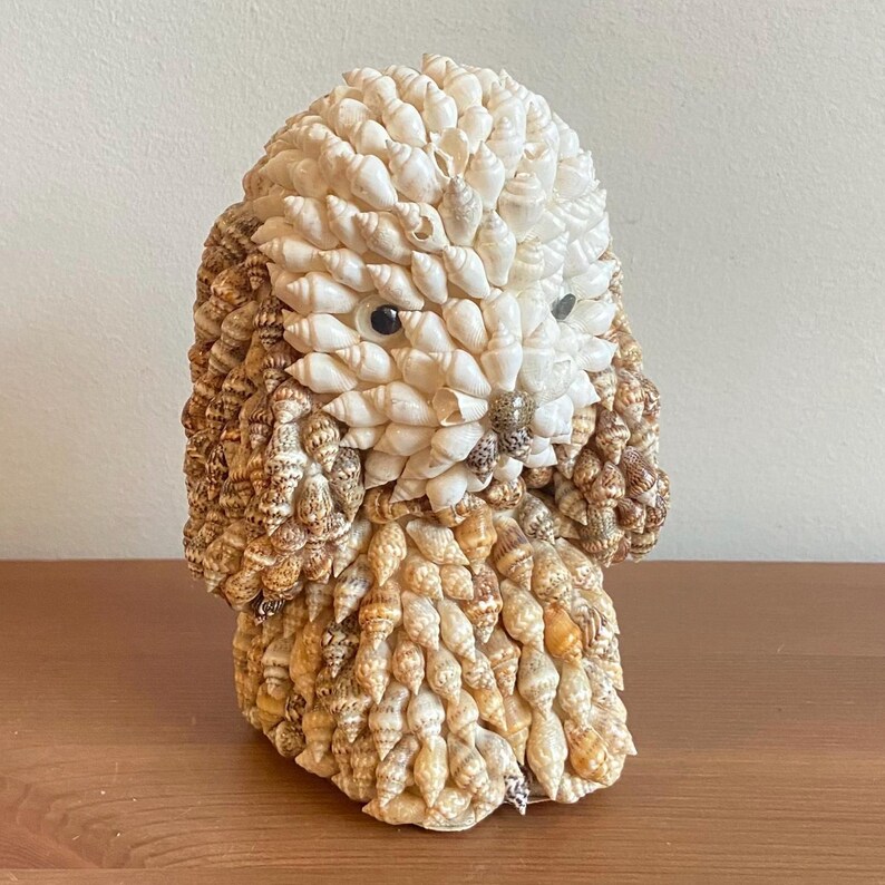 Vintage seashell covered dog figure - 5.8” t - retro animal shelf decor