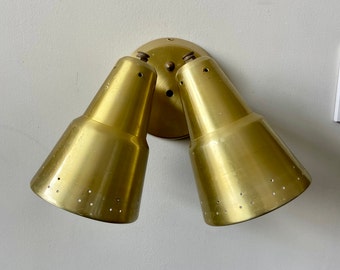 Vintage 1970s MCM gilded metal wall lamp with 2 adjustable spots - each light is 7.5” long