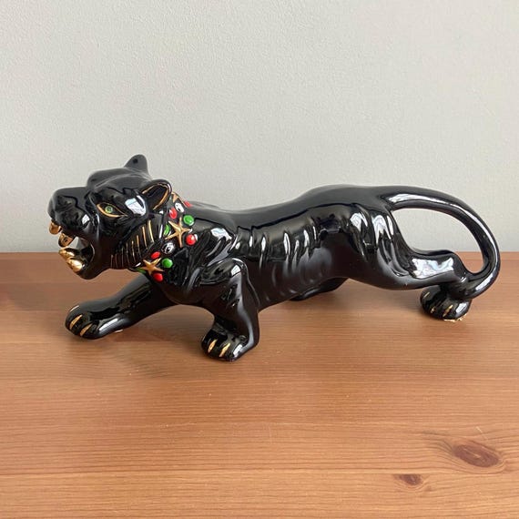 Vintage Ceramic Black Panther Decor: Jeweled Collar, Gold Accents