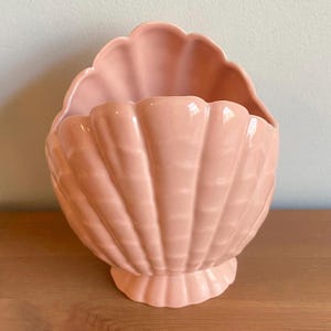 May include: A pink ceramic vase shaped like a seashell. The vase has a smooth, glossy finish and a detailed shell design.