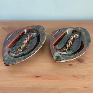 Vintage ceramic mcm ashtray - 9”L x 6.5” W - individually priced - brown and teal drip glaze