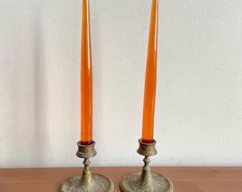 Vintage brass etched candle stick holders - unique shaped candle holders