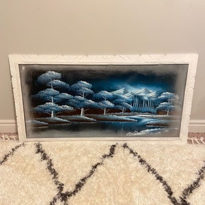Vintage 1970s black velvet painting with wood frame - frame painted white - 49”x26.5”