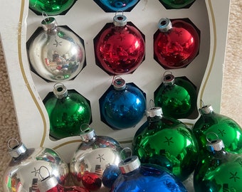 Lot of 1990s vintage mercury glass ornaments - red green blue and silver