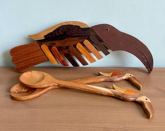 Vintage Wood Toucan Trivet and Salad Spoon Set