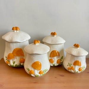 Vintage Arnels mushroom canisters - set of 4 - yellow mushrooms - rare mushroom collectable - hand painted