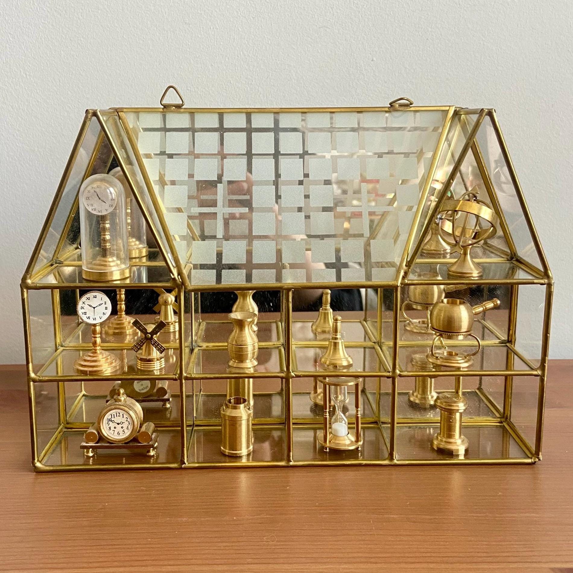 Vintage house shaped brass and glass curio shelf - wall hanging - miniature brass doll house accessories - all individually priced