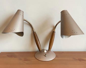 Vintage mcm metal and wood double gooseneck table lamp - 13” t x 6.2” w - retro lamp