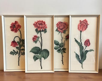 Vintage Framed Needlepoint Floral Art: Rose, Tulip, Poppy (Set of 4)