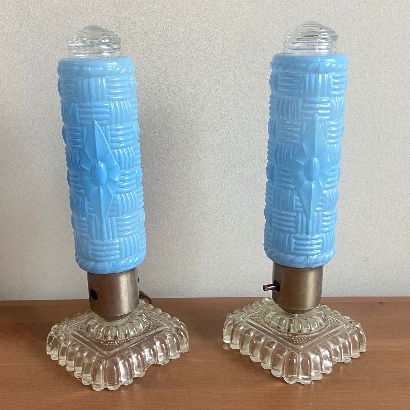 Vintage 1950s Art Deco blue glass “torpedo” shaped table lamps
