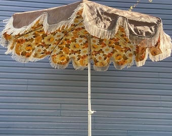 Vintage retro brown exterior, white fringe and orange floral interior - large patio umbrella