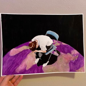 Shinji en silla original de la acuarela Evangelion (10.5" x 14.5")