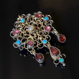 Antique Austro Hungarian Pendant Brooch, Silver Gilt, Turquoise, Garnet & Pearl, Renaissance Revival, Gothic Statement Jewelry