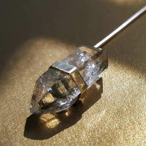 Victorian Quartz Crystal Stickpin. Raw Smokey Quartz, Clear Double Terminated Herkimer Diamond Gemstone. 1900s Antique Rose Gold Tie Pin.