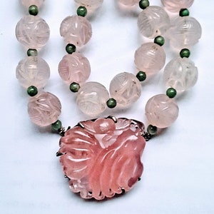 Antique Rose Quartz, Jade, Hand Carved Shou Longevity Beads. Art Deco Chinese Export Circa 1920. 16" Choker Necklace - RussianLadyJewelry