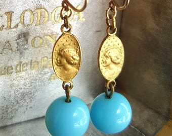 Antique Art Deco Celestial Earrings, Blue Lampwork Glass Beads, with 14k Gold Wires