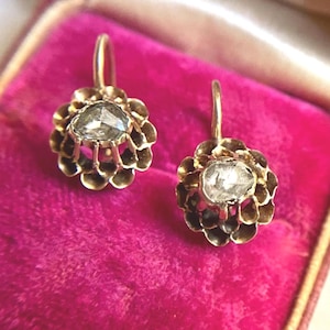 Antique Rose Cut Diamond Earrings | Victorian 14k Gold Dormeuse | Buttercup Setting c.1880s