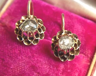 Antique Rose Cut Diamond Earrings | Victorian 14k Gold Dormeuse | Buttercup Setting c.1880s