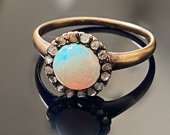 Antique Victorian Opal Diamond Halo Ring, 10k Gold US 6.5