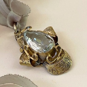 Antique Aquamarine Pear Cut Pendant. Ice Blue 12 CTW, 14k Gold Victorian Georgian Hand Engraved Scrolled Aquarius Pisces Anniversary Gift.