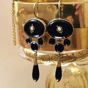 Antique Victorian Mourning Earrings | Onyx, Seed Pearl, Gold Fill Dangles image 1