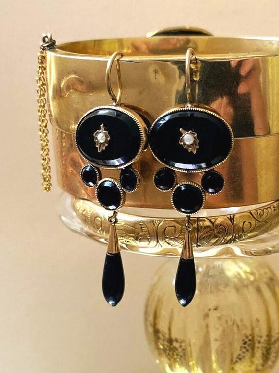 Antique Victorian Mourning Earrings | Onyx, Seed Pearl, Gold Fill Dangles