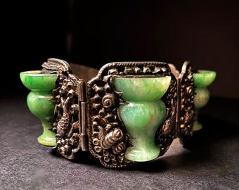 Art Deco Chinese Export Silver Jadeite Bracelet, Antique Qing Dynasty