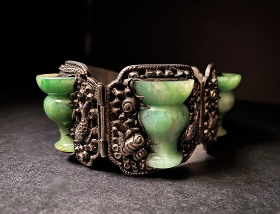 Collier En Jade Vert Émeraude - Perles De Jadeite Et Argent - Bijou Ancien Chinois