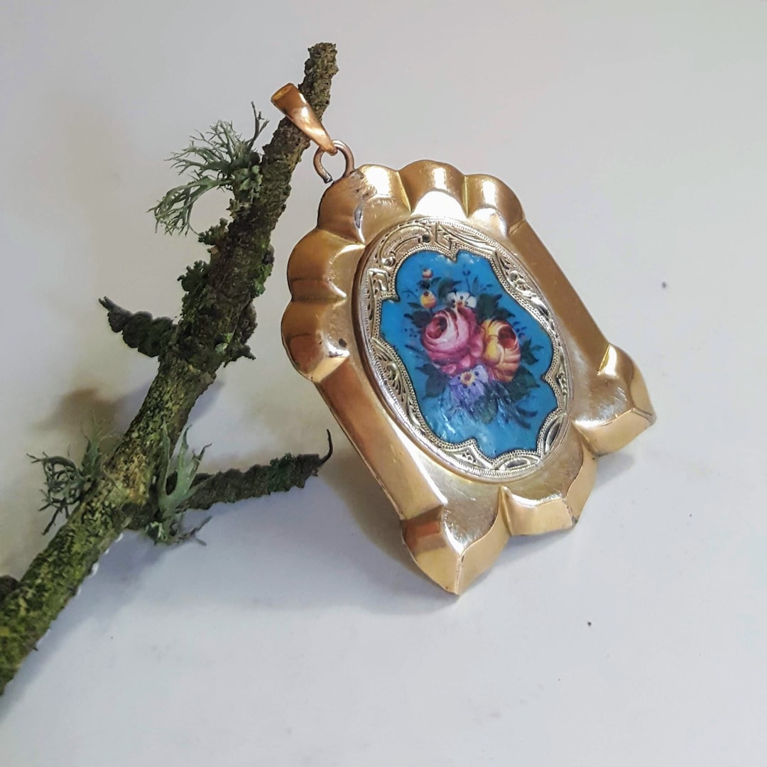 Victorian Rose Gold Enamel Locket, Hand Painted Floral Pendant, Circa ...