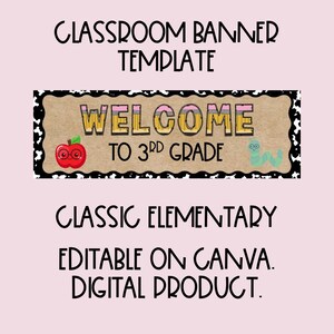 Può includere: Un modello digitale di striscione per aula con il testo WELCOME TO 3RD GRADE in caratteri a forma di matita. Il design include una mela rossa con occhiali e un verme verde su sfondo marrone chiaro con un bordo a macchie di mucca bianco e nero.