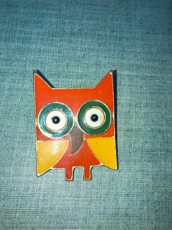 Vintage Metal Enamel Owl Brooch pin jewelry retro 