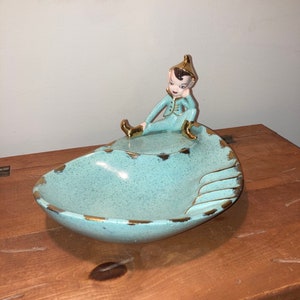 1960s Vintage HTF pixie elf mid century ceramic ashtray turquoise light blue gold atomic decor candy dish MCM Key Holder collectible elves